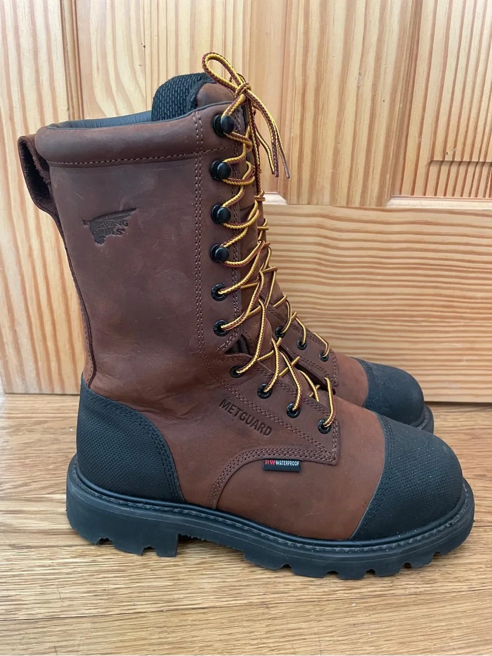 Red Wing Shoes Brown Leather Work Boots with Black Toe Caps